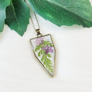 Floral Pendant Necklace Purple and Green Pressed Dried Flowers Geometric Bezel